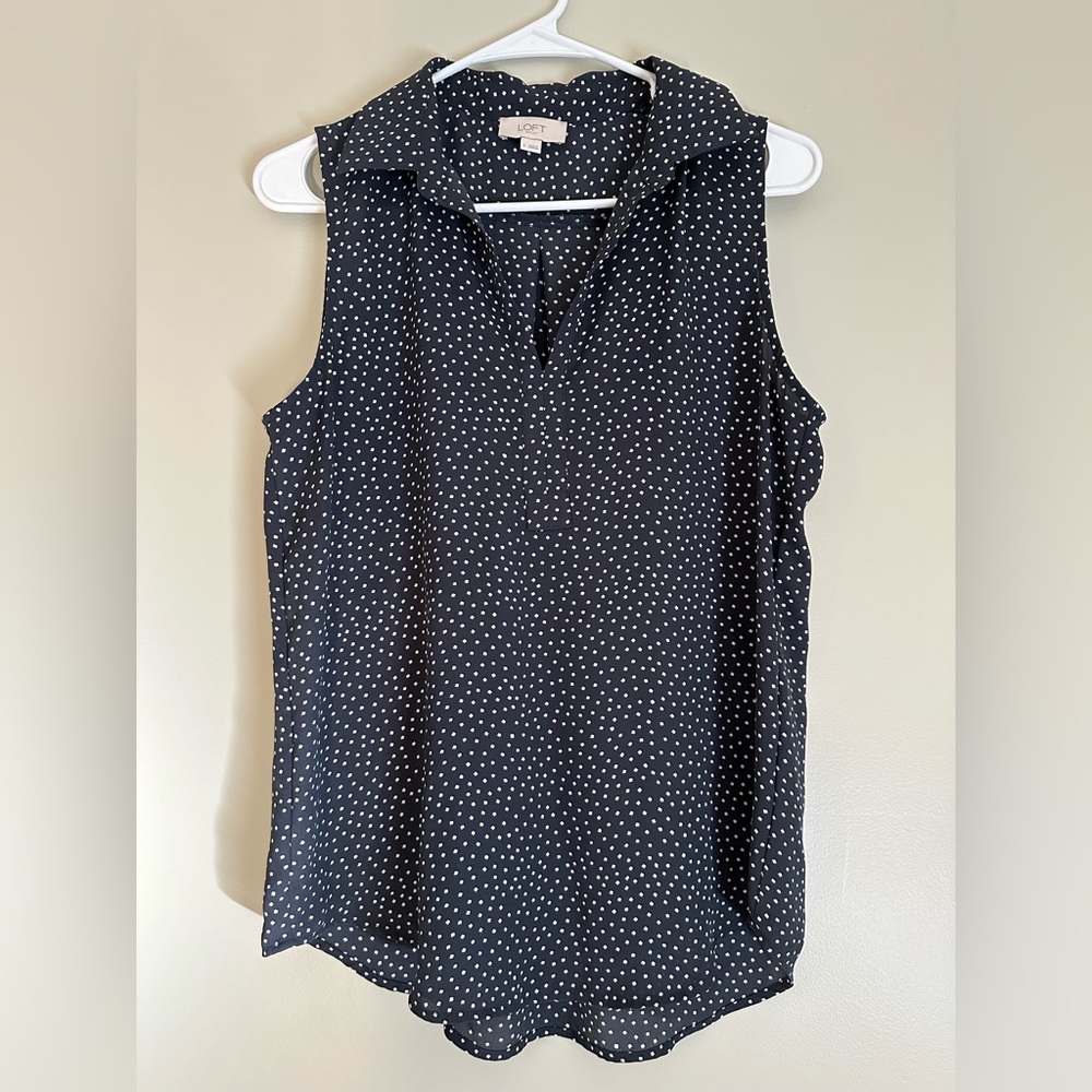 LOFT Navy and White Polka Dot Sleeveless Blouse